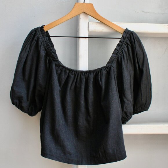 Abercrombie & Fitch Tops - Abercrombie & Fitch x Tia Booth Black Linen Poof Sleeve Crop Top Size Large